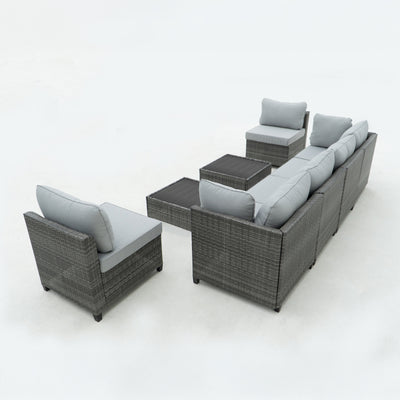 8 Piece Gray Outdoor Sectional Wicker Sofa Chairs and Tableswith Interchangable Blue and Gray Cushion Covers