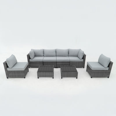 8 Piece Gray Outdoor Sectional Wicker Sofa Chairs and Tableswith Interchangable Blue and Gray Cushion Covers