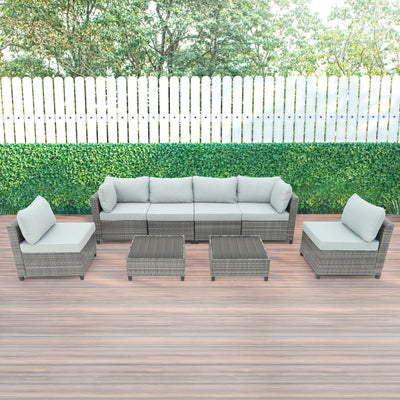 8 Piece Gray Outdoor Sectional Wicker Sofa Chairs and Tableswith Interchangable Blue and Gray Cushion Covers