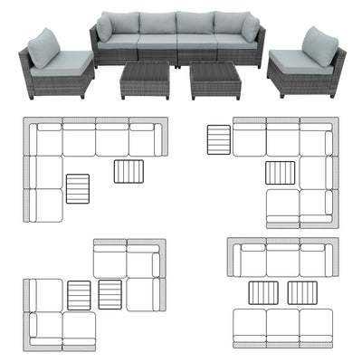 8 Piece Gray Outdoor Sectional Wicker Sofa Chairs and Tableswith Interchangable Blue and Gray Cushion Covers