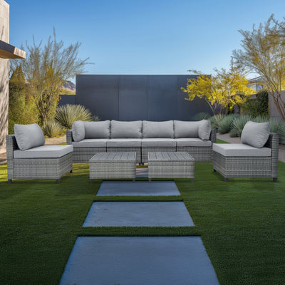 8 Piece Gray Outdoor Sectional Wicker Sofa Chairs and Tableswith Interchangable Blue and Gray Cushion Covers