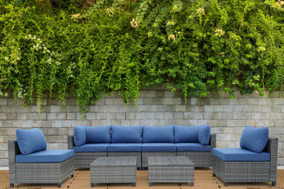 8 Piece Gray Outdoor Sectional Wicker Sofa Chairs and Tableswith Interchangable Blue and Gray Cushion Covers