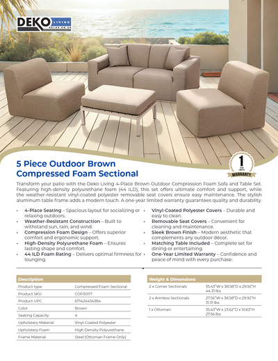 4 Place SeatingBrown Outdoor Compressed Foam Sectional Sofas and Ottoman Set