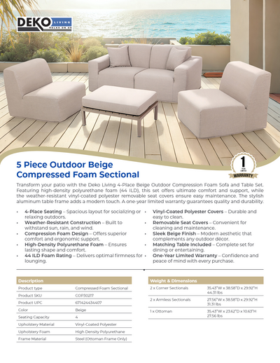 4 Place SeatingBeige Outdoor Compressed Foam Sectional Sofas and Ottoman Set