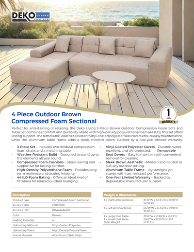 4 Piece Brown Outdoor Compressed Foam Sectional Sofa Lounger and Table Set