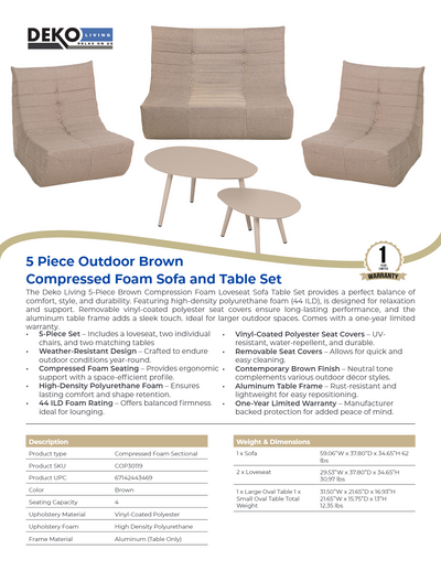 5 Piece Brown Outdoor Compressed Foam Loveseat Sofa Chairs and Table Set