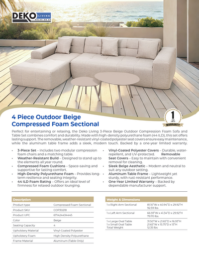 4 Piece Beige Outdoor Compressed Foam Sectional Sofa Lounger and Table Set