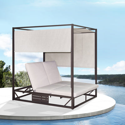 2 Place Outdoor Aluminum Rectangular Patio Daybed with Retractable Beige Textilene Fabric Canopy