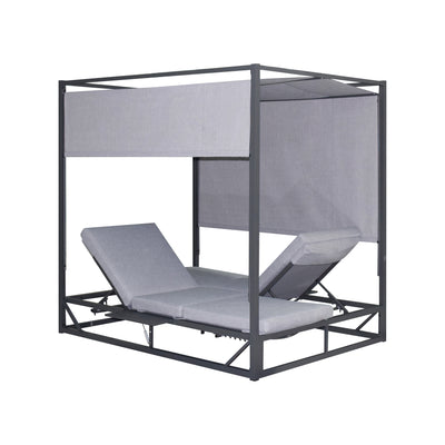 2 Place Outdoor Aluminum Rectangular Patio Daybed with Retractable Gray Textilene Fabric Canopy