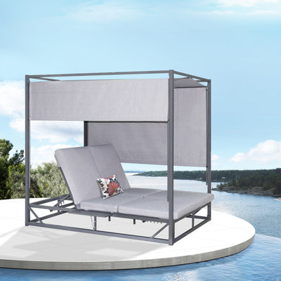 2 Place Outdoor Aluminum Rectangular Patio Daybed with Retractable Gray Textilene Fabric Canopy