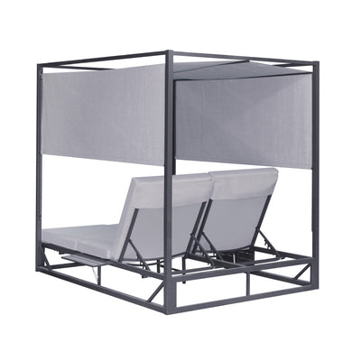 2 Place Outdoor Aluminum Rectangular Patio Daybed with Retractable Gray Textilene Fabric Canopy