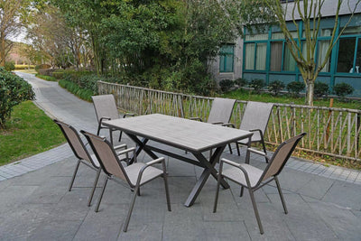 6 Place Seating Outdoor Aluminum Patio Dining Table Set and Chairs with Brown Textilene Fabric
