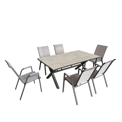6 Place Seating Outdoor Aluminum Patio Dining Table Set and Chairs with Brown Textilene Fabric