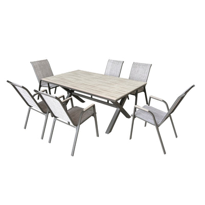 6 Place Seating Outdoor Aluminum Patio Dining Table Set and Chairs with Brown Textilene Fabric