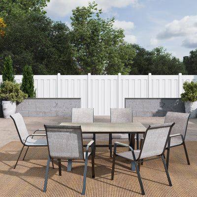 6 Place Seating Outdoor Aluminum Patio Dining Table Set and Chairs with Brown Textilene Fabric