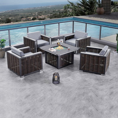 4 Place Seating Avola Outdoor Aluminum Conversation Set with Cushioned Sofa Chairs and Propane Gas Firepit Table