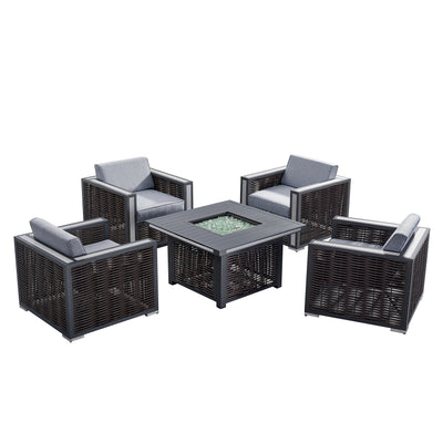 4 Place Seating Avola Outdoor Aluminum Conversation Set with Cushioned Sofa Chairs and Propane Gas Firepit Table