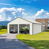 Double garage metal shed with side entry door, showcasing space for cars and equipment, with scenic mountain background.