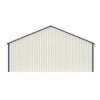 Double garage metal shed with galvanized steel frame and side entry door, featuring durable construction and ample storage space.