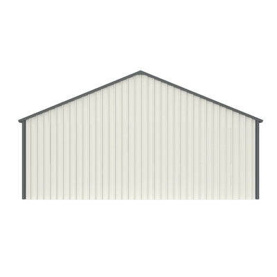 Double garage metal shed with galvanized steel frame and side entry door, featuring durable construction and ample storage space.