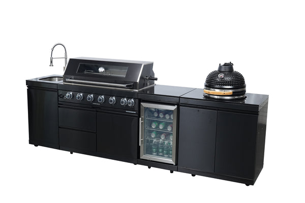 Cherylife SC2430A 115-Inch 6-Burner 85,000 BTU Gas Grill Island with 18" Kamado Charcoal Grill – Outdoor Kitchen with Wine Cooler, Refrigerator, Rotisserie, Granite Countertops & Storage