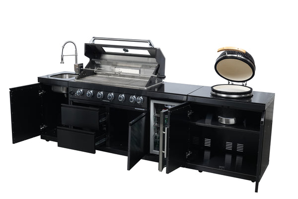 Cherylife SC2430A 115-Inch 6-Burner 85,000 BTU Gas Grill Island with 18" Kamado Charcoal Grill – Outdoor Kitchen with Wine Cooler, Refrigerator, Rotisserie, Granite Countertops & Storage