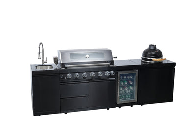 Cherylife SC2430A 115-Inch 6-Burner 85,000 BTU Gas Grill Island with 18" Kamado Charcoal Grill – Outdoor Kitchen with Wine Cooler, Refrigerator, Rotisserie, Granite Countertops & Storage