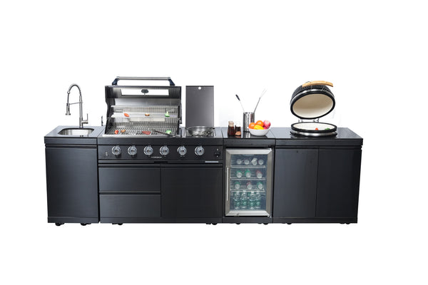 Cherylife SC2430A 118-Inch 72,000 BTU Gas Grill Island with 18" Kamado Charcoal Grill – Outdoor Kitchen with Wine Cooler, Refrigerator, Rotisserie, Granite Countertops & Storage