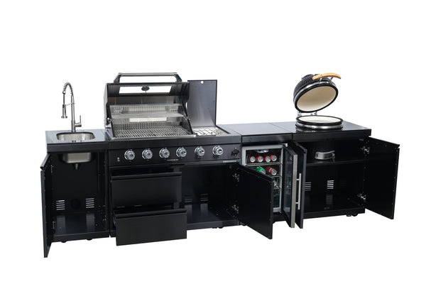 Cherylife SC2430A 118-Inch 72,000 BTU Gas Grill Island with 18" Kamado Charcoal Grill – Outdoor Kitchen with Wine Cooler, Refrigerator, Rotisserie, Granite Countertops & Storage