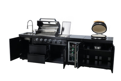 Cherylife SC2430A 118-Inch 72,000 BTU Gas Grill Island with 18" Kamado Charcoal Grill – Outdoor Kitchen with Wine Cooler, Refrigerator, Rotisserie, Granite Countertops & Storage