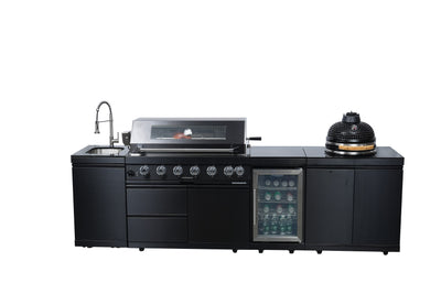 Cherylife SC2430A 115-Inch 6-Burner 85,000 BTU Gas Grill Island with 18" Kamado Charcoal Grill – Outdoor Kitchen with Wine Cooler, Refrigerator, Rotisserie, Granite Countertops & Storage