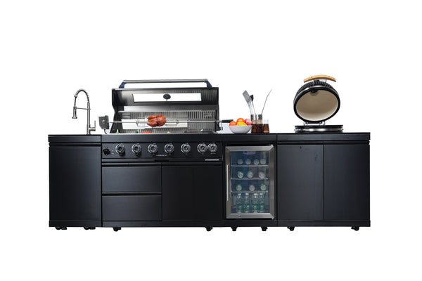 Cherylife SC2430A 115-Inch 6-Burner 85,000 BTU Gas Grill Island with 18" Kamado Charcoal Grill – Outdoor Kitchen with Wine Cooler, Refrigerator, Rotisserie, Granite Countertops & Storage