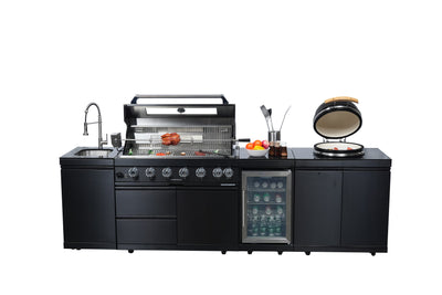 Cherylife SC2430A 115-Inch 6-Burner 85,000 BTU Gas Grill Island with 18" Kamado Charcoal Grill – Outdoor Kitchen with Wine Cooler, Refrigerator, Rotisserie, Granite Countertops & Storage