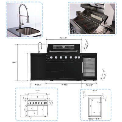 CheryLife 82-Inch 6-Burner 85000 BTU Propane Gas Outdoor Kitchen Island Grill – All-in-One Prefab BBQ Station with Wine Cooler, Compact Refrigerator, Rotisserie Kit, Granite Countertops & Stainless Steel Sink