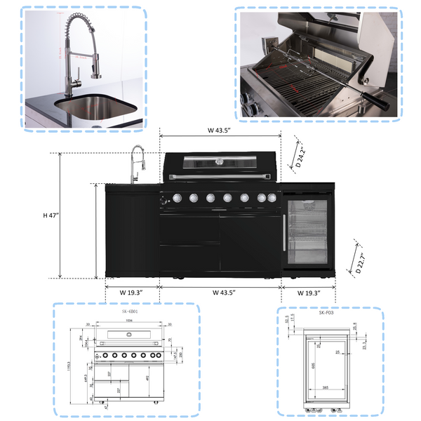CheryLife 82-Inch 6-Burner 85000 BTU Propane Gas Outdoor Kitchen Island Grill – All-in-One Prefab BBQ Station with Wine Cooler, Compact Refrigerator, Rotisserie Kit, Granite Countertops & Stainless Steel Sink