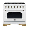 Forno Antico 36-inch Dual Fuel Range White and Antique Brass Design with 6 Sealed Gas Burners and Electric Convection Oven