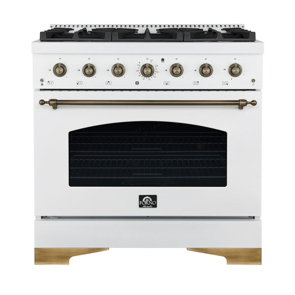 Forno Antico 36-inch Dual Fuel Range White and Antique Brass Design with 6 Sealed Gas Burners and Electric Convection Oven