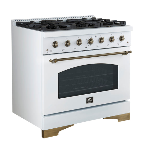 Forno Antico 36-inch Dual Fuel Range White and Antique Brass Design with 6 Sealed Gas Burners and Electric Convection Oven