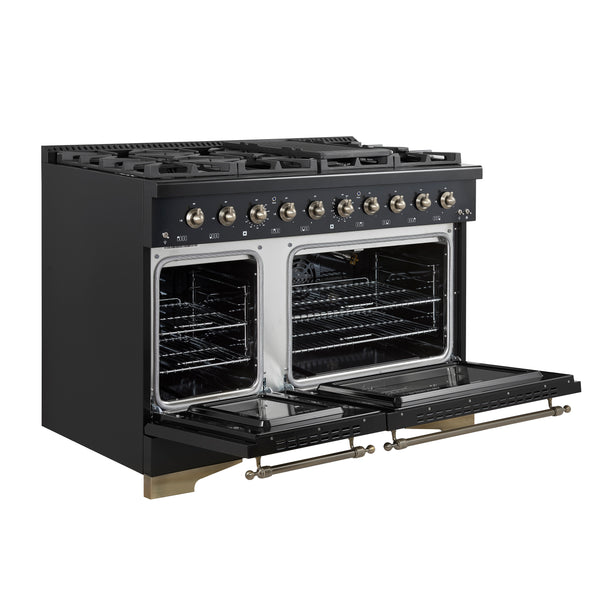 Forno Antico 48-Inch Dual Fuel Range, Black with Antique Brass Finish, 8 Burners, 94,000 BTU, 5.5 cu.ft. Double Ovens & Griddle