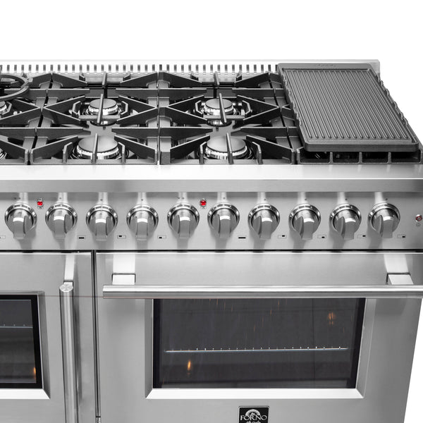 FORNO Galiano 48-Inch French Door Dual Fuel Range All Stainless Steel, 8 Sealed Burners, 107,000 BTU, Griddle, 6.58 cu.ft. Double Ovens