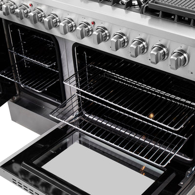 FORNO Galiano 48-Inch French Door Dual Fuel Range All Stainless Steel, 8 Sealed Burners, 107,000 BTU, Griddle, 6.58 cu.ft. Double Ovens