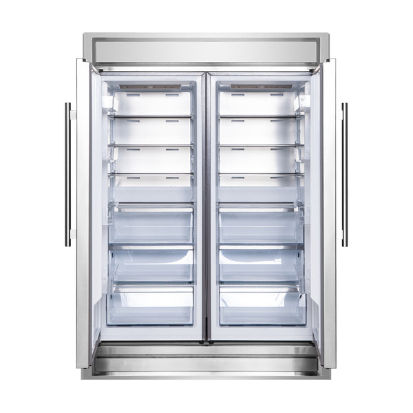 FORNO Premium 3-Piece Kitchen Bundle - FORNO Galiano 48" Freestanding Dual Fuel Range, FORNO Maderno 60" 2-Piece Convertible Refrigerator/Freezer Built-In with Decorative Grill Trim, 27.2 cu.ft., FORNO Orvieto 48" Wall Mount Range Hood - FBDL-017-04CAUS
