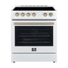 FORNO Premium 4-Piece Kitchen Bundle - Leonardo Espresso 30" White Range, 30" White Range Hood, 31" White Bottom Freezer Refrigerator, 24" White Built-In Dishwasher - FBDL-006-03US
