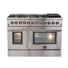 FORNO Premium 3-Piece Kitchen Bundle - FORNO Galiano 48" Freestanding Dual Fuel Range, FORNO Maderno 60" 2-Piece Convertible Refrigerator/Freezer Built-In with Decorative Grill Trim, 27.2 cu.ft., FORNO Orvieto 48" Wall Mount Range Hood - FBDL-017-04CAUS