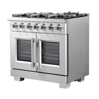 Forno Capriasca 36-Inch Freestanding French Door Gas Range, 6 Burners, Convection Oven, Energy Efficient