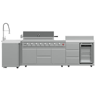 FORNO Bulnes 40-Inch BBQ, 95,000 BTU, 5 Burners, Sear & Rotisserie Infrared with Side Burner, Stainless Steel Outdoor Kitchen with 1.8 cu.ft. Beverage Center & White Sintered Stone Countertops