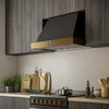 Forno Vittorio 36-Inch Wall Mount Range Hood, Black with Antique Brass Trim, 424 CFM Airflow, Dishwasher-Safe Baffle Filters, Remote Control, 3-Speed Fan, Bright LED Lighting.