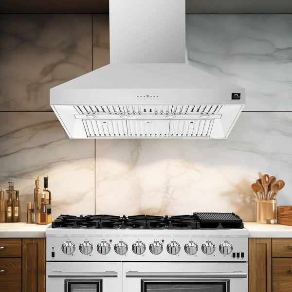FORNO Premium 3-Piece Kitchen Bundle - FORNO Galiano 48" Freestanding Dual Fuel Range, FORNO Maderno 60" 2-Piece Convertible Refrigerator/Freezer Built-In with Decorative Grill Trim, 27.2 cu.ft., FORNO Orvieto 48" Wall Mount Range Hood - FBDL-017-04CAUS