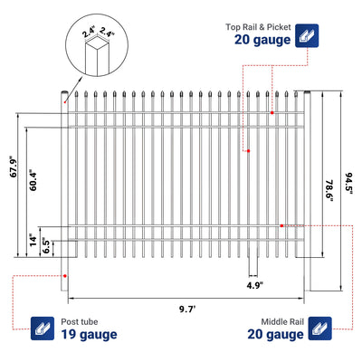 10x7 ft Steel Fence with 4 Rails, 30 Panels