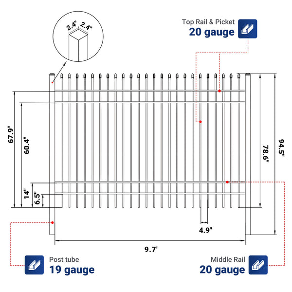 10x7 ft Steel Fence with 4 Rails, 30 Panels